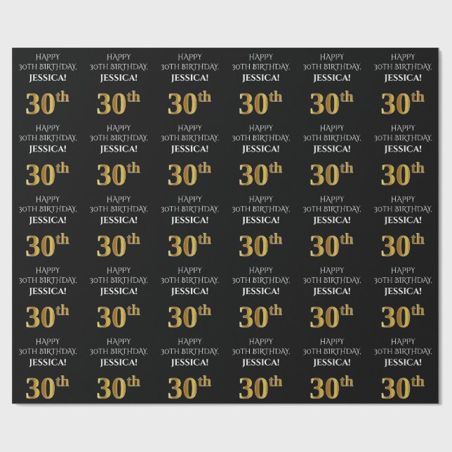 Papier Cadeau 30e anniversaire : Elégant, Noir, Faux Gold Look (Plat)
