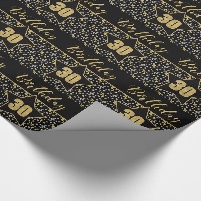 Papier Cadeau 30e Anniversaire étoile sur Noir avec Argent Or (Coin)