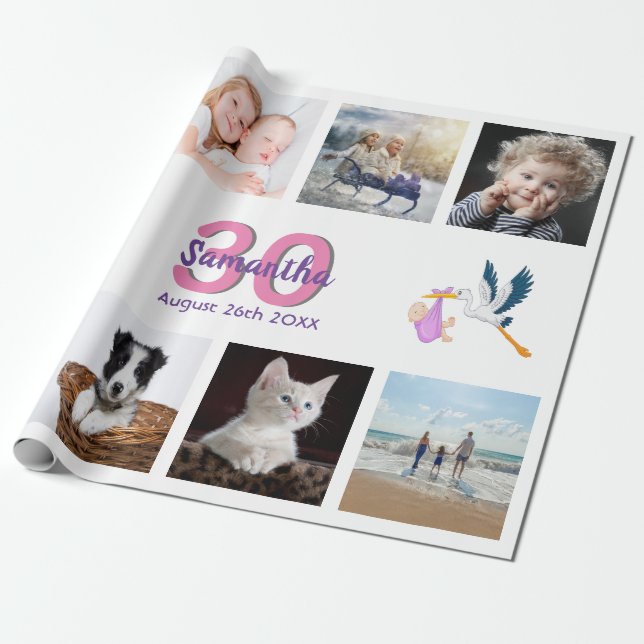 Papier Cadeau 30e anniversaire photo collage femme blanc (Déroulé)