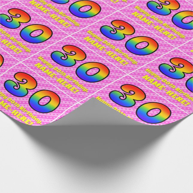 Papier Cadeau 30e anniversaire : Pink Stripes & Hearts, Arc en c (Coin)
