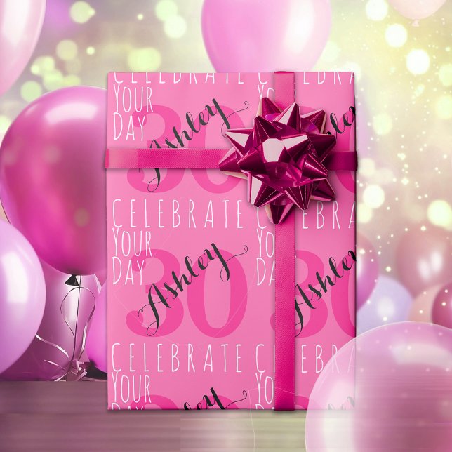 Papier Cadeau 30e anniversaire Typographie rose moderne (Créateur téléchargé)