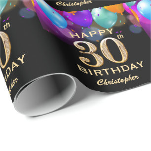 Papier Cadeau 30e fête d'anniversaire Ballons noirs et or