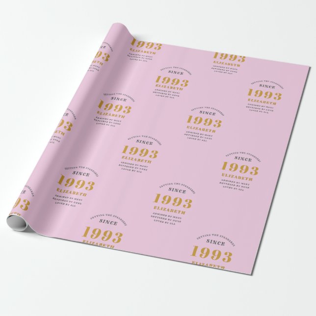Papier Cadeau 30th Birthday 1993 Ajouter Nom Rose Grey (Déroulé)