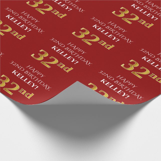 Papier Cadeau 32e anniversaire : Elégant, Rouge, Faux Gold Look (Coin)