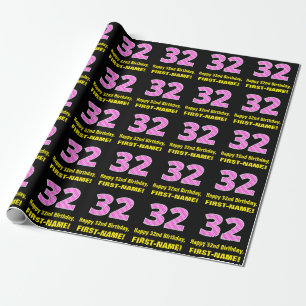 Papier Cadeau 32e anniversaire : Pink Stripes and Hearts "32" + 