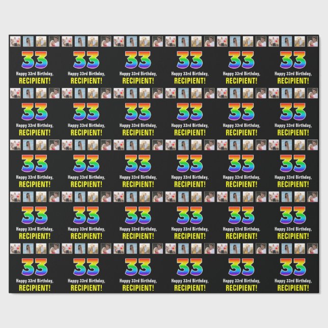 Papier Cadeau 33e anniversaire : Arc-en-ciel "33"; photos et nom (Couture)