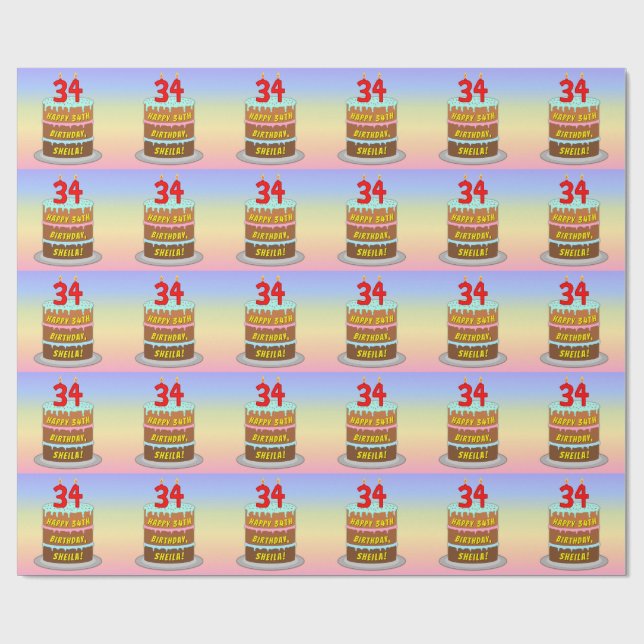 Papier Cadeau 34e anniversaire : Fun Cake and Candles + Nom pers (Plat)