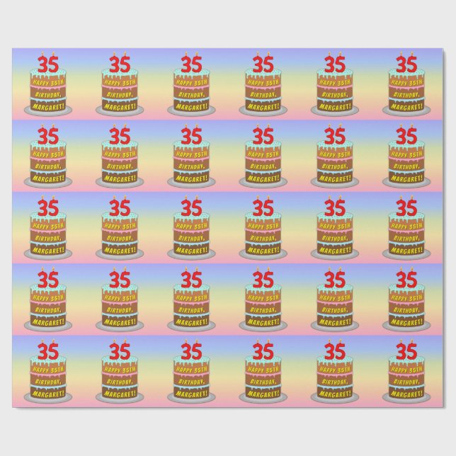 Papier Cadeau 35e anniversaire : Fun Cake and Candles + Nom pers (Plat)