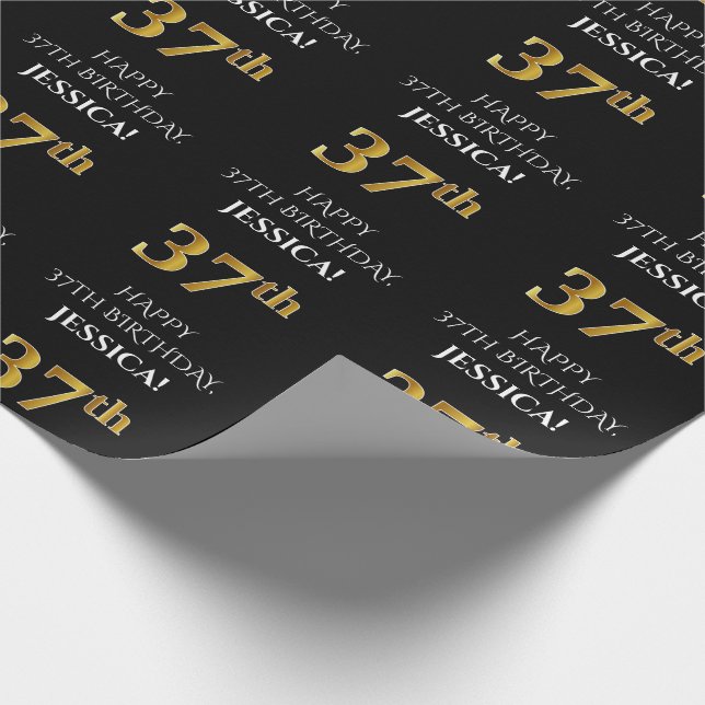 Papier Cadeau 37e anniversaire : Elégant, noir, Faux Gold Look (Coin)