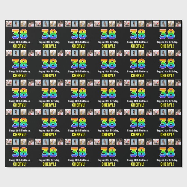Papier Cadeau 38e anniversaire : Arc-en-ciel "38"; photos et nom (Couture)