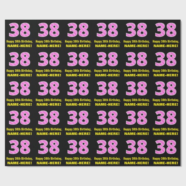 Papier Cadeau 38e anniversaire : Pink Stripes and Hearts "38" +  (Plat)