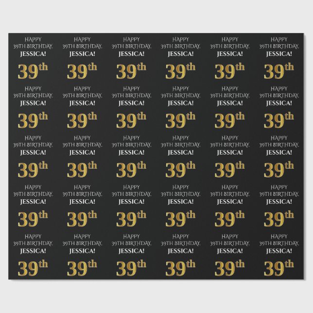 Papier Cadeau 39e anniversaire : Elégant, Noir, Faux Gold Look (Plat)
