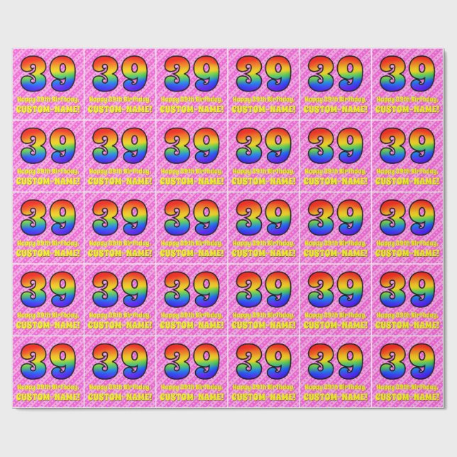 Papier Cadeau 39e anniversaire : Pink Stripes & Hearts, Arc en c (Plat)