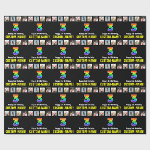 Papier Cadeau 3e anniversaire : Arc-en-ciel "3"; photos et nom p