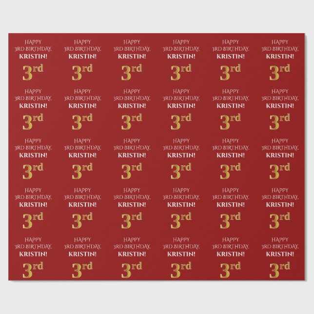 Papier Cadeau 3e anniversaire : Elégant, Rouge, Faux Gold Look (Plat)