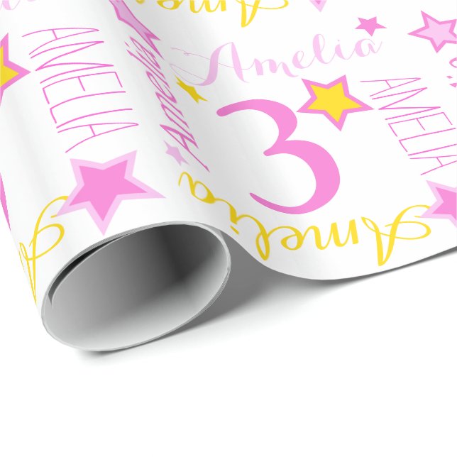 Papier Cadeau 3e anniversaire star nom personnalisé jaune rose b (Coin rond)