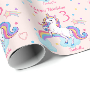 Papier Cadeau 3e anniversaire Unicorn Rainbow Pink