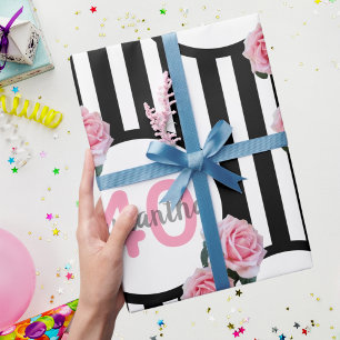 Papier Cadeau 40e anniversaire chic rose roses noir blanc rayure