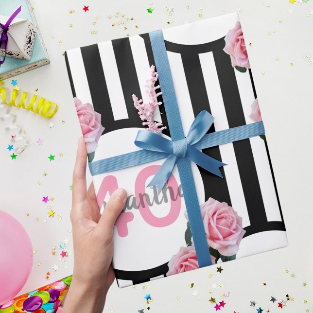 Papier Cadeau 40e anniversaire chic rose roses noir blanc rayure (Créateur téléchargé)
