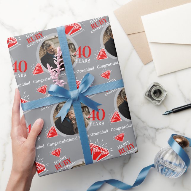 Papier Cadeau 40e anniversaire de rubis argent bague photo perso (Cadeaux)