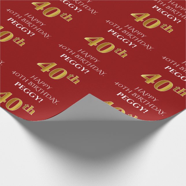 Papier Cadeau 40e anniversaire : Elégant, Rouge, Faux Gold Look (Coin)
