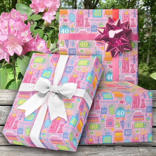Papier Cadeau 40e anniversaire Floral Cake Balloons Casquettes p (Créateur téléchargé)