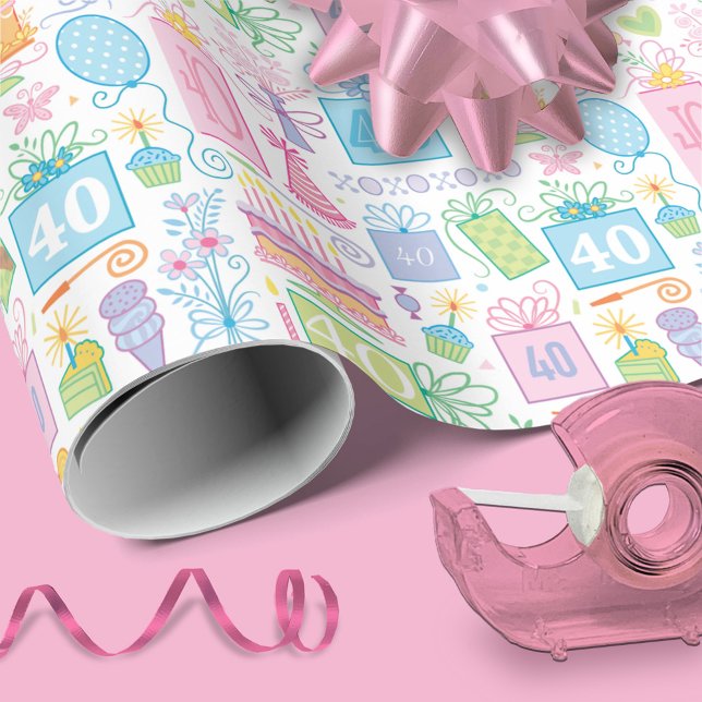 Papier Cadeau 40e anniversaire Floral Cake Balloons Casquettes p (Créateur téléchargé)