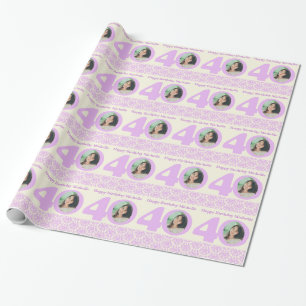 Papier Cadeau 40e anniversaire photo damask crème emballage viol