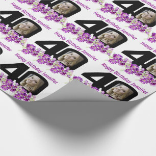 Papier Cadeau 40e anniversaire photo fun mono et fleurs violette