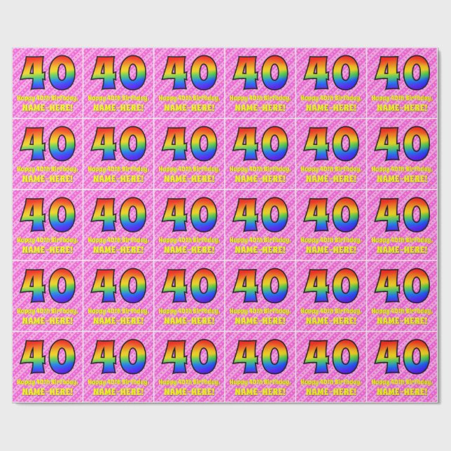 Papier Cadeau 40e anniversaire : Pink Stripes & Hearts, Arc en c (Plat)