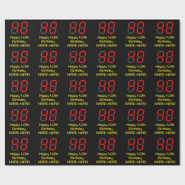 Papier Cadeau 40e anniversaire : Rouge Digital Horloge Style "40 (Plat)