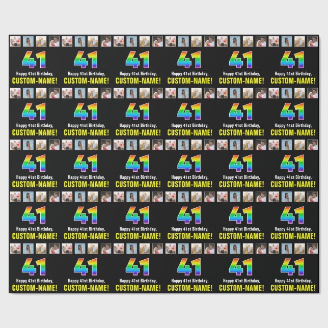 Papier Cadeau 41e anniversaire : Arc-en-ciel "41"; photos et nom (Couture)