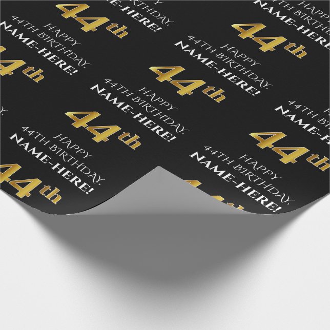 Papier Cadeau 44e anniversaire : Elégant, noir, Faux Gold Look (Coin)