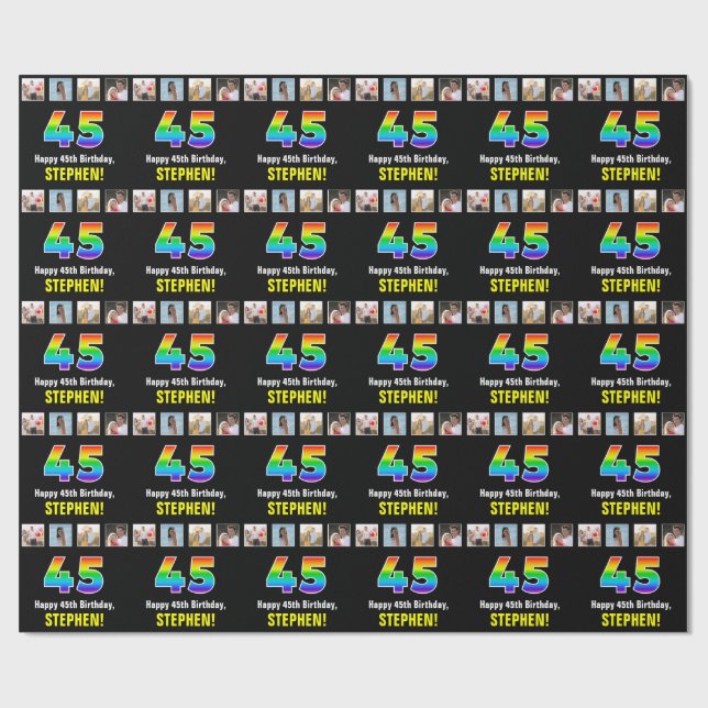 Papier Cadeau 45e anniversaire : Arc-en-ciel "45"; photos et nom (Plat)