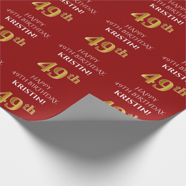 Papier Cadeau 49e anniversaire : Elégant, Rouge, Faux Gold Look (Coin)