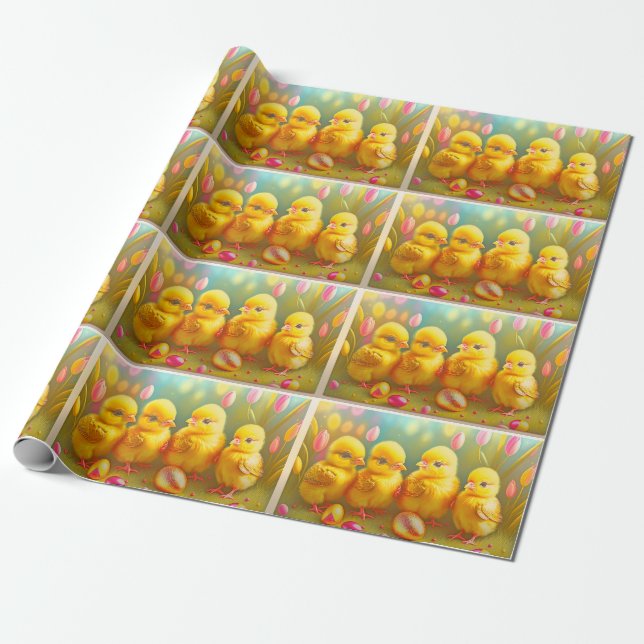 Papier Cadeau 4 Collection Pâques De Poulet Et Fleurs (Déroulé)