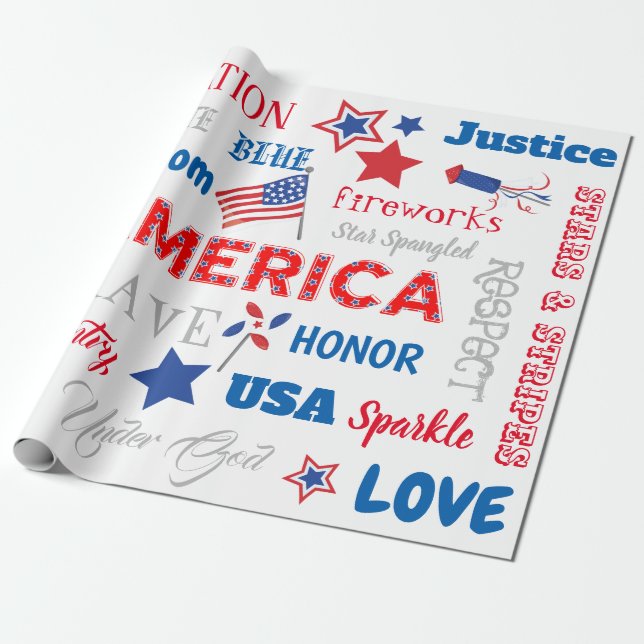 Papier Cadeau 4 juillet Amérique USA Mots texte personnalisé (Déroulé)