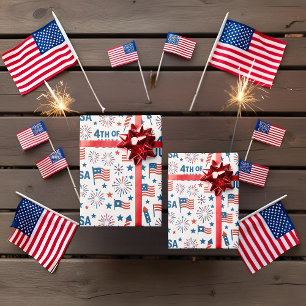 Papier Cadeau 4 juillet   Drapeau, feux d'artifice et étoiles de