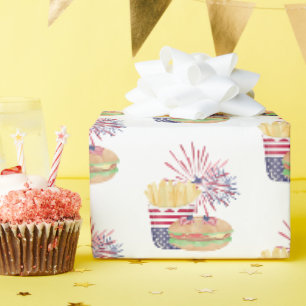 Papier Cadeau 4 juillet Feu d'artifice Patriotique Stars Stripes
