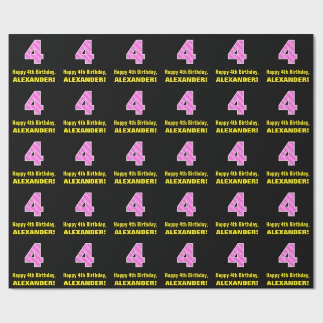 Papier Cadeau 4ème anniversaire : Pink Stripes and Hearts "4" +  (Plat)