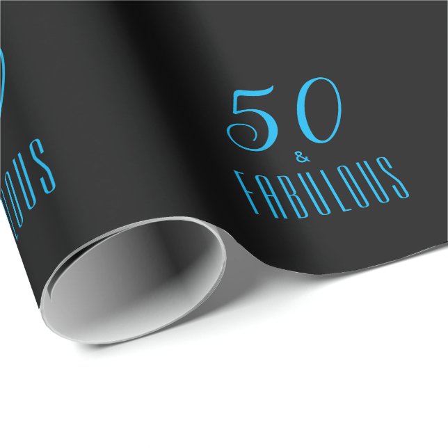 Papier Cadeau 50 & Fabulous Sky Blue Black (Coin rond)