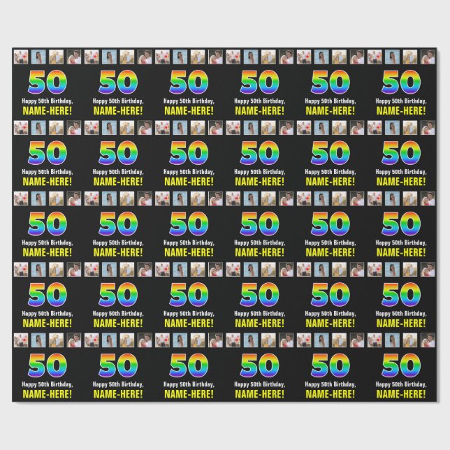 Papier Cadeau 50e anniversaire : Arc-en-ciel "50"; photos et nom (Plat)