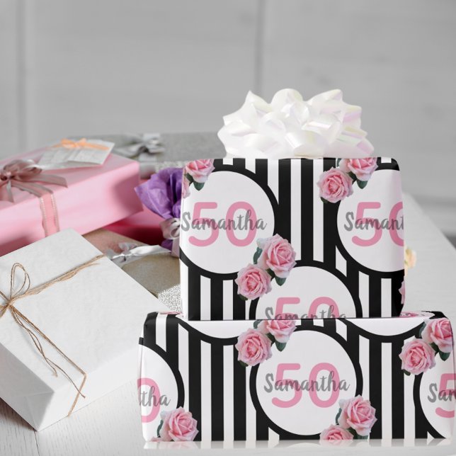 Papier Cadeau 50e anniversaire chic rose roses noir blanc rayure (Créateur téléchargé)