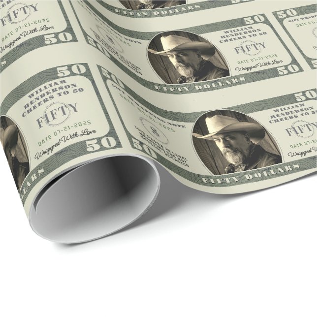 Papier Cadeau 50e anniversaire de la facture de 50 dollars (Coin rond)