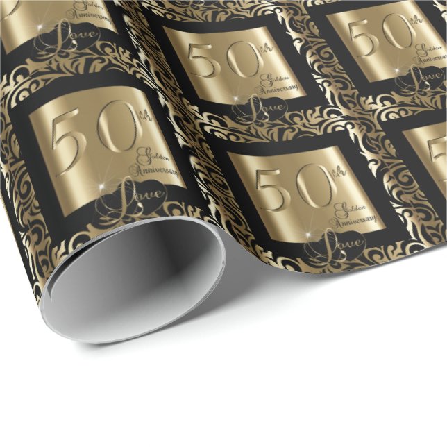 Papier Cadeau 50e anniversaire de Mariage d'or (Coin rond)
