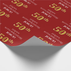 Papier Cadeau 50e anniversaire : Elégant, Rouge, Faux Gold Look