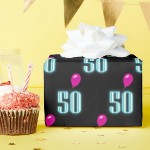 Papier Cadeau 50e anniversaire Neon avec ballon