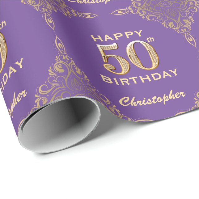 Papier Cadeau 50e anniversaire Parties scintillant violet et or  (Coin rond)