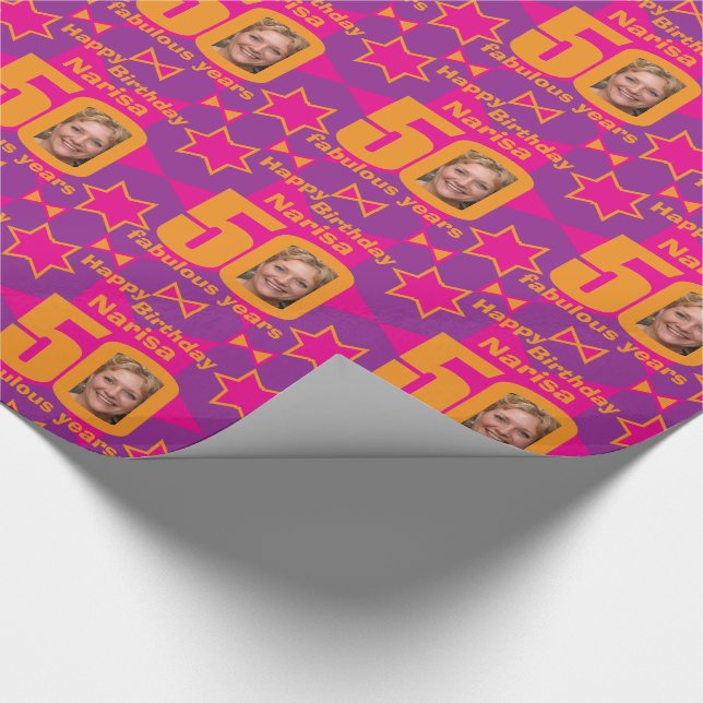 Papier Cadeau 50e anniversaire photo amusant rose violet cadeau (Coin)