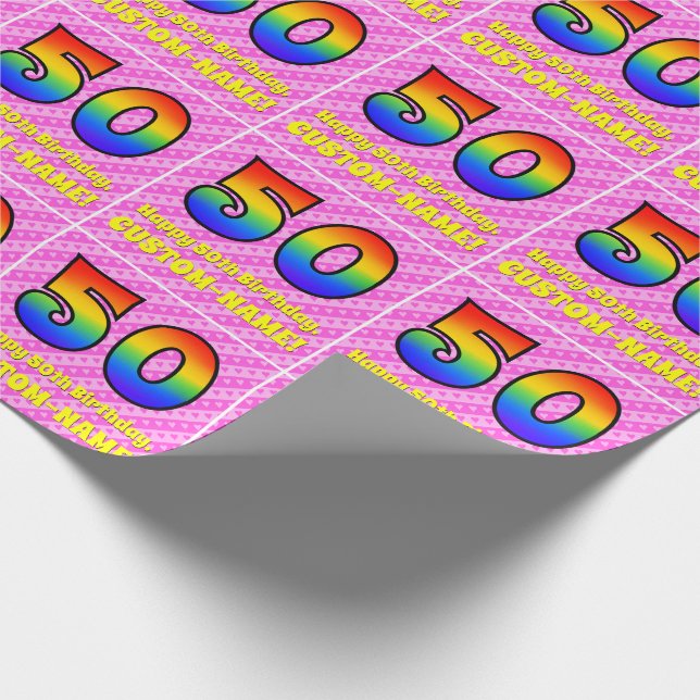 Papier Cadeau 50e anniversaire : Pink Stripes & Hearts, Arc en c (Coin)